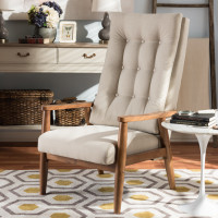 Baxton Studio BBT5265-Light Beige-CC-6086-1 Roxy Mid-Century Modern Walnut Brown Finish Wood and Light Beige Fabric Upholstered Button-Tufted High-Back Chair